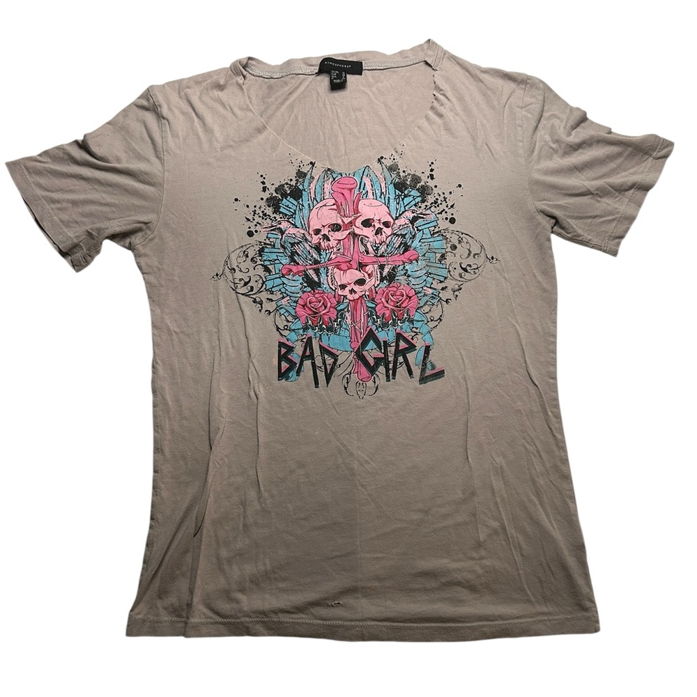 Vintage Y2K Atmosphere Baby Pink Bad Girl Skull & Roses Graphic Tee 2000’s sz 6